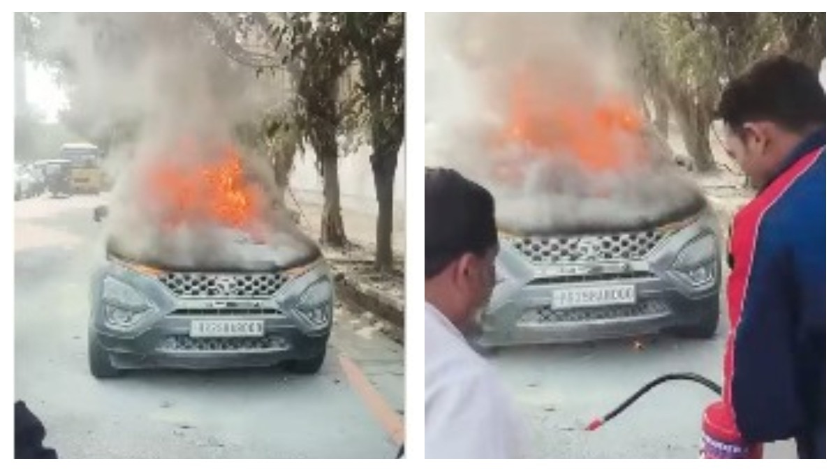 चलती कार में लगी आग (Photo: Screengrab)