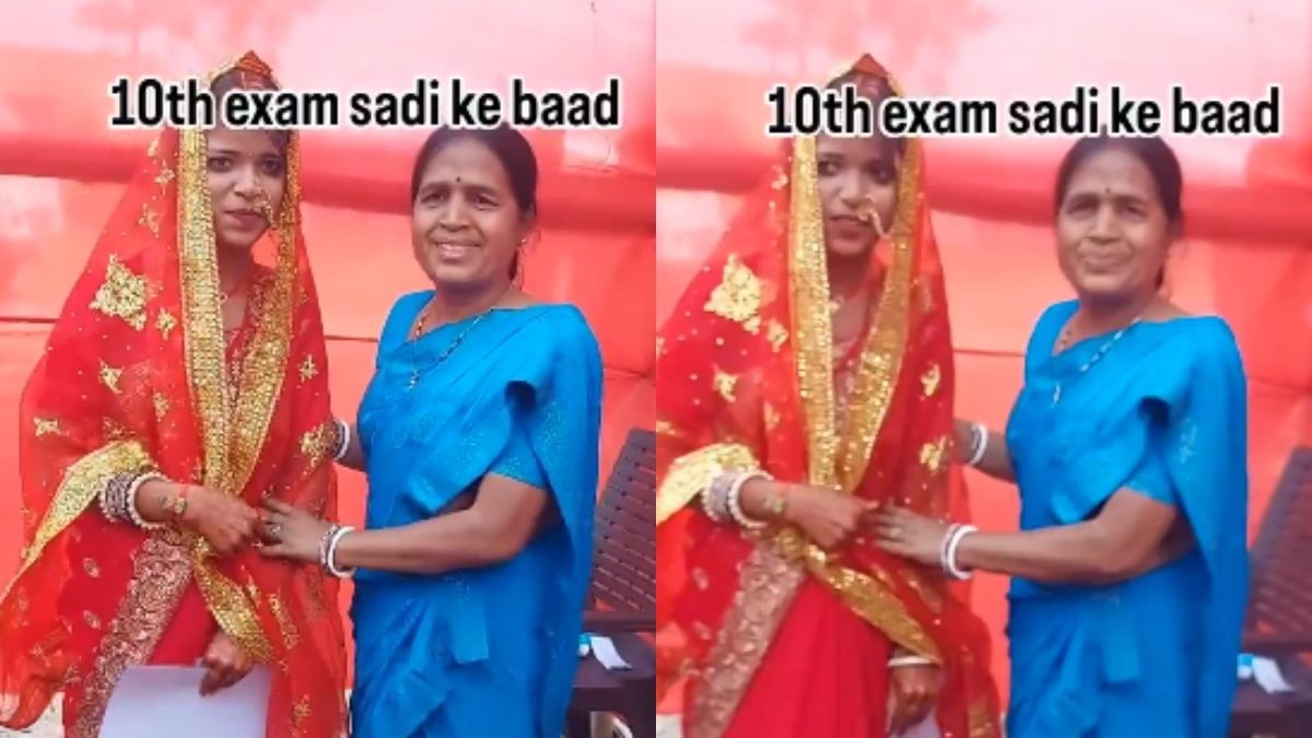 वायरल वीडियो में देखा जा रहा है कि 10वीं की छात्रा शादी के मंडप से सीधा परीक्षा केंद्र पहुंची. (Photo: x/@MukeshMalh12448)