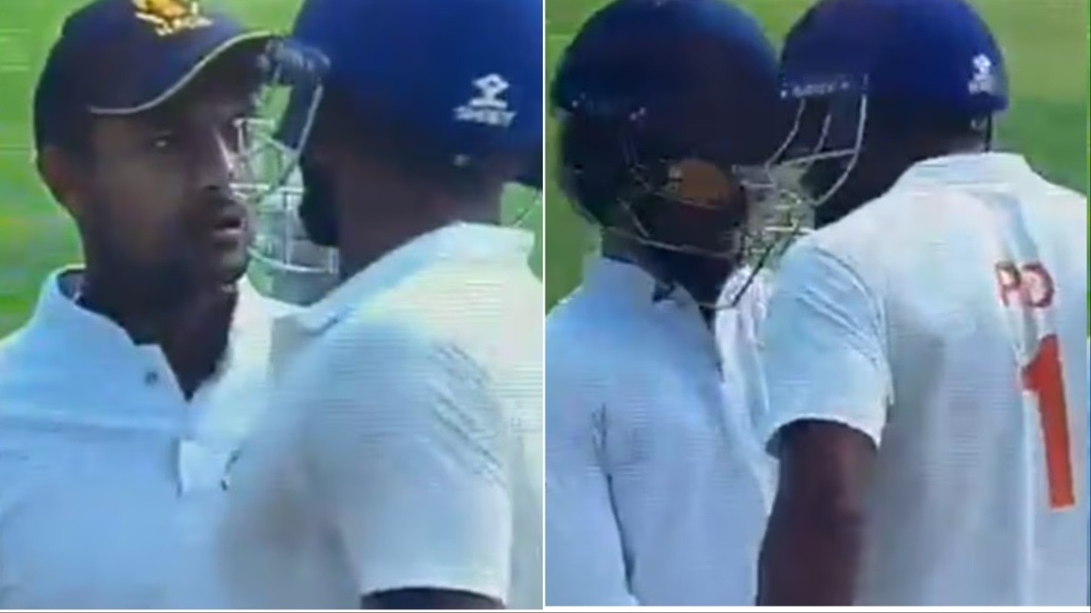 क्रिकेट या कुश्ती? रणजी ट्रॉफी फाइनल में पारस डोगरा और केवी अनीश  बीच टकराव से मचा हंगामा, बाद में मयंक अग्रवाल (बाएं) ने बीचबाव किया. (Photo: Screengrab)