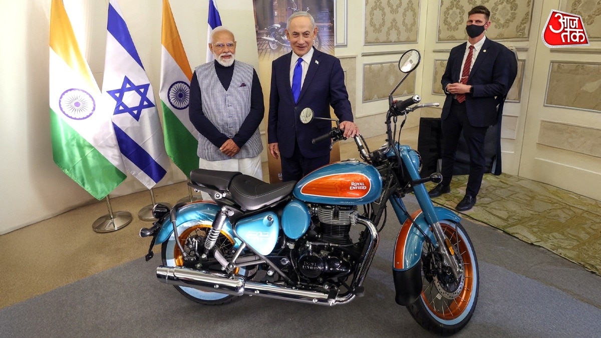 PM Narendra Modi benjamin netanyahu With Royal Enfield Bike