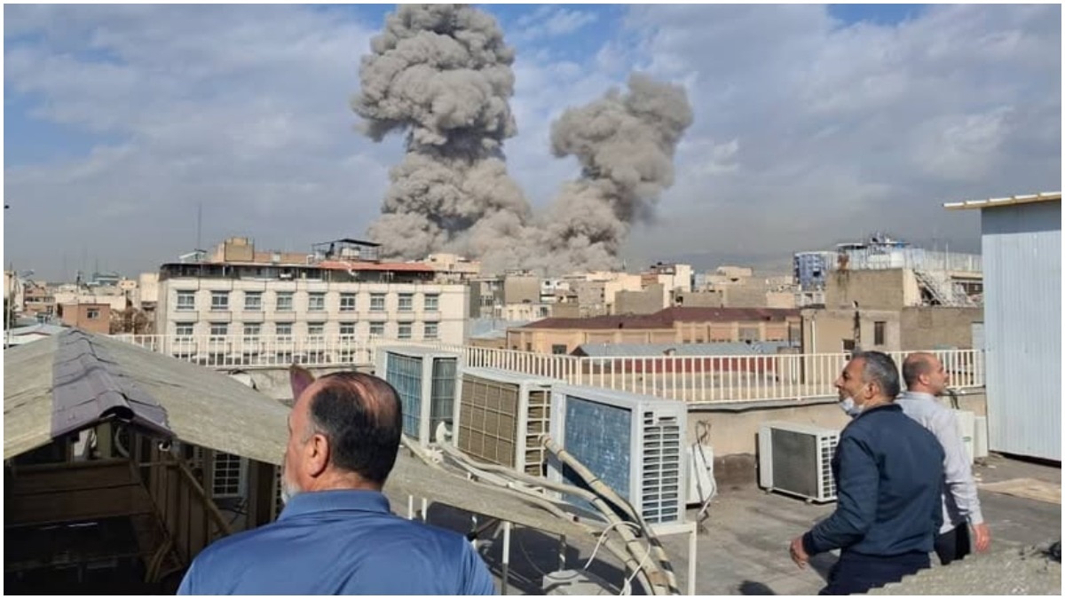 Smoke billowing after an Iranian missile strike on the service center of the US Navy’s Fifth Fleet in Bahrain.