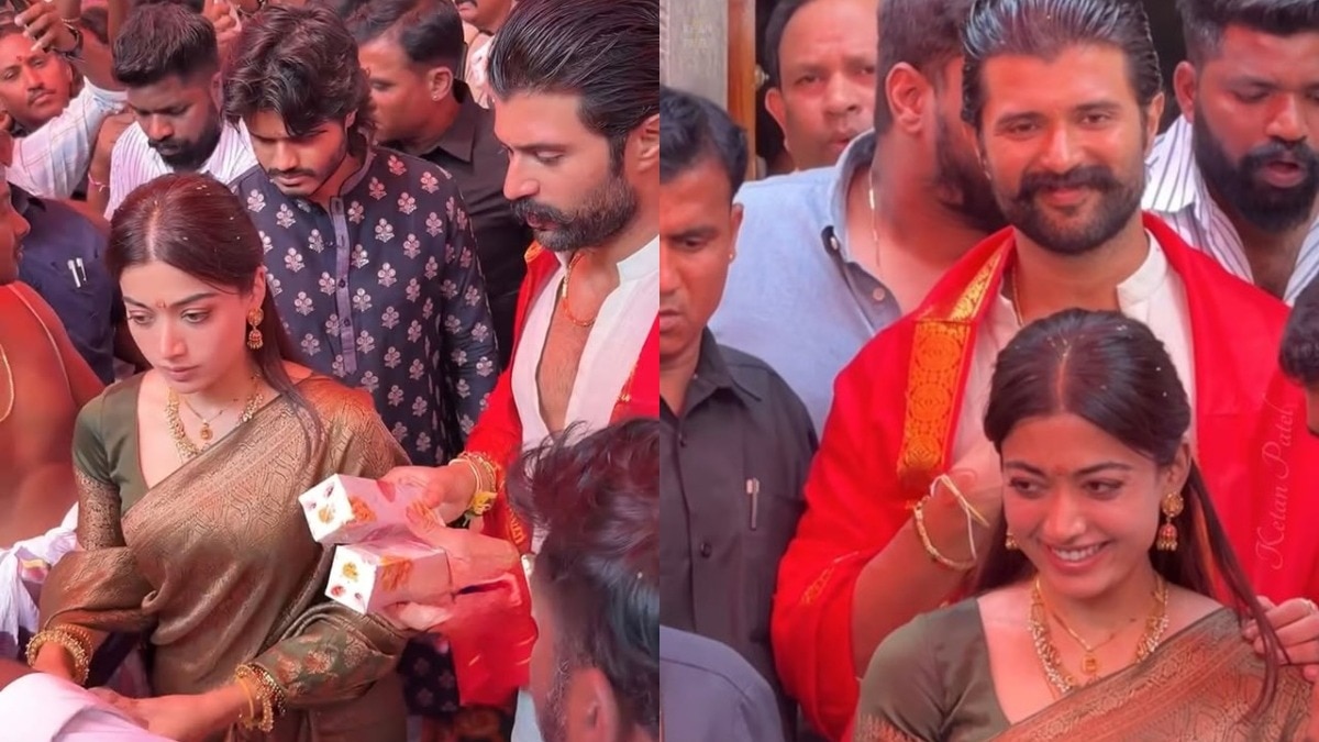 Rashmika mandanna vijay deverakonda visits tirupati balaji distributes sweets
