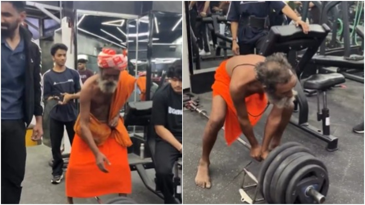 Sadhu gym video, viral sadhu weightlifting,