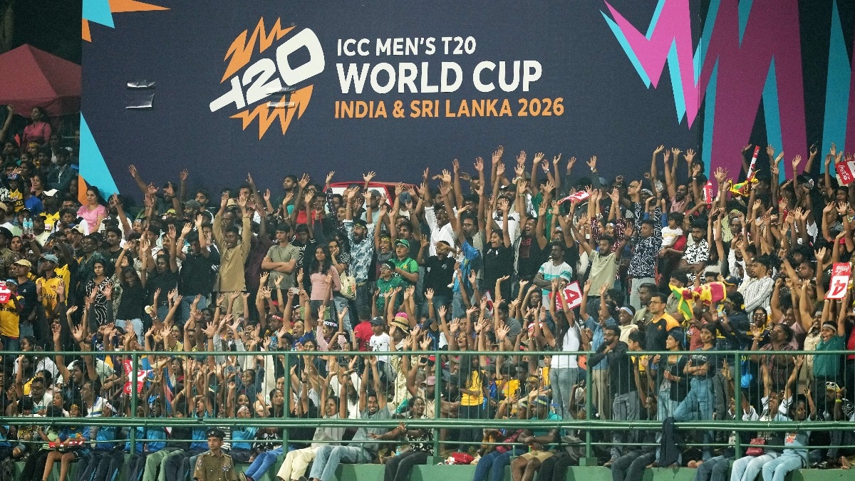 Spectators cheer on their teams during the T20 World Cup cricket match.