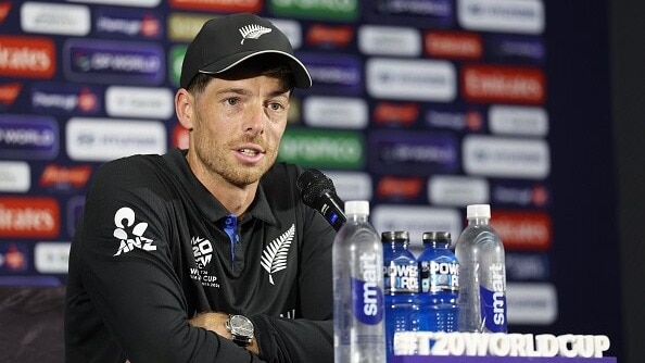  Mitchell Santner, Captain of New Zealand talks to media during a press conference during an ICC Men's T20 World Cup India & Sri Lanka 2026 net session at the Narendra Modi Stadium on March 07, 2026 (Getty)