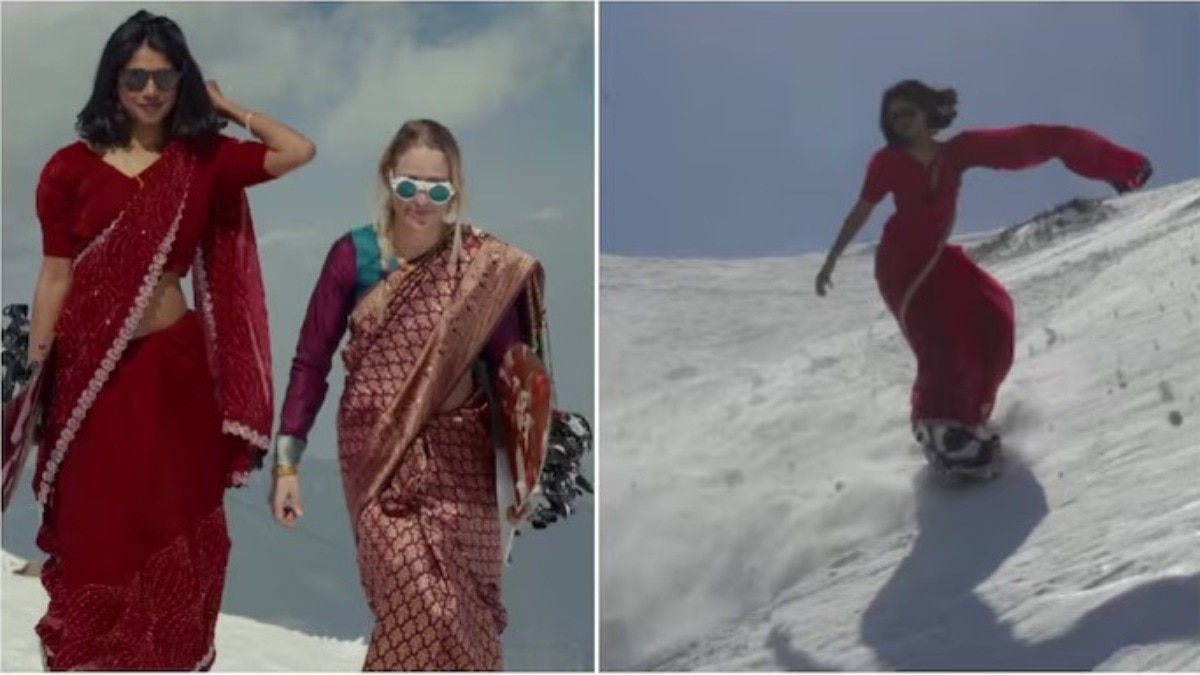 women-snowboarding-in-saree-viral-video-from-snowy-mountain