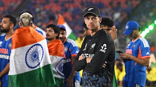 Mitchell Santner of New Zealand looks on during the trophy presentation after the ICC Men's T20 World Cup India & Sri Lanka 2026 Final
