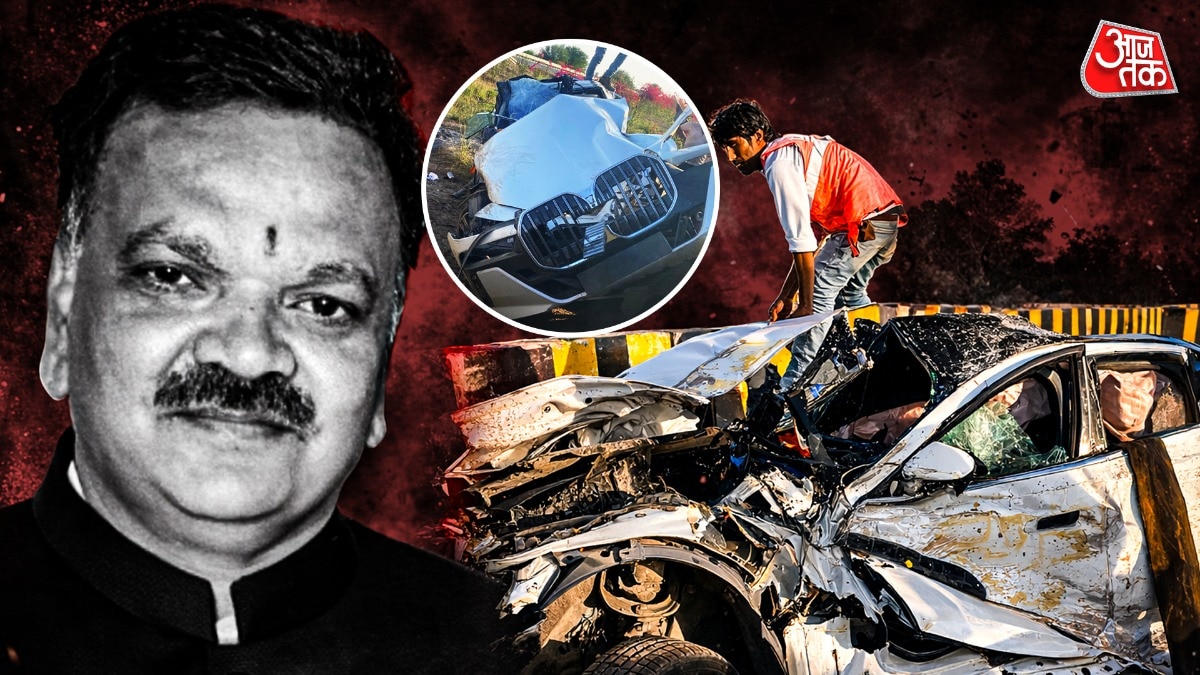घटना के बाद BMW कार चकनाचूर हो गई, जिसमें वल्लभ माहेश्वरी की मौत हाे गई (Photo: ITG)