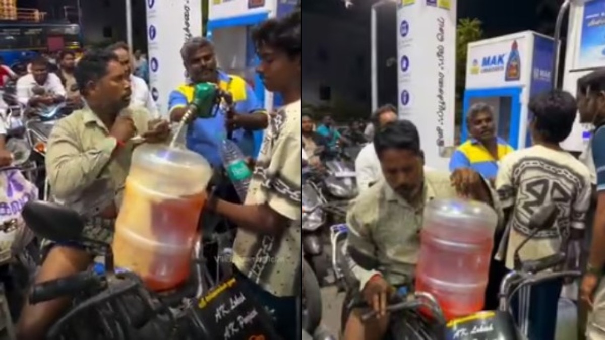 petrol filling in plastic jar video, tamil nadu petrol pump viral video,