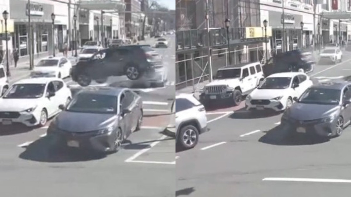 वीडियो में एक SUV अचानक हवा में उछलती हुई व्यस्त चौराहे को पार करती दिखाई देती है (Photo:Insta/ppv_tahoe)