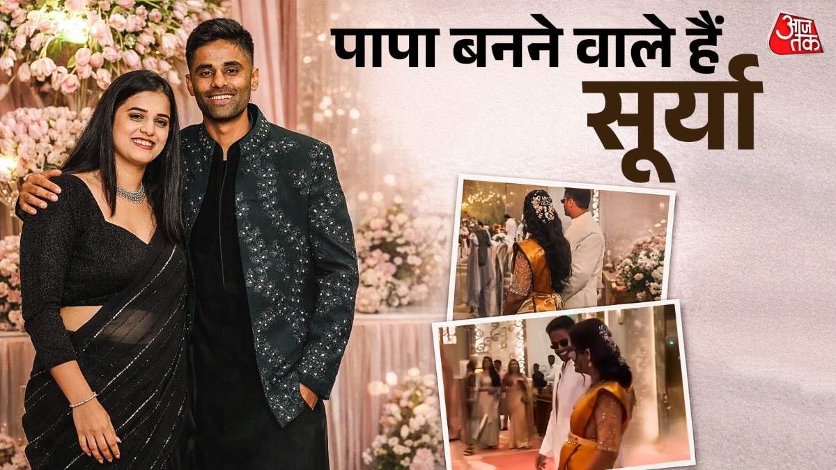 सूर्यकुमार यादव की पत्नी को सिल्क साड़ी में बेबी बंप फ्लॉन्ट करते देखा गया.  (Photo: ITG)