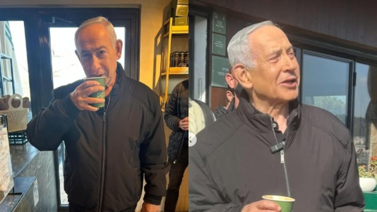 नेतन्याहू एक कैफे में खड़े होकर कॉफी पीते हुए दिखाई देते हैं (Photo:Insta/@TheSataf)