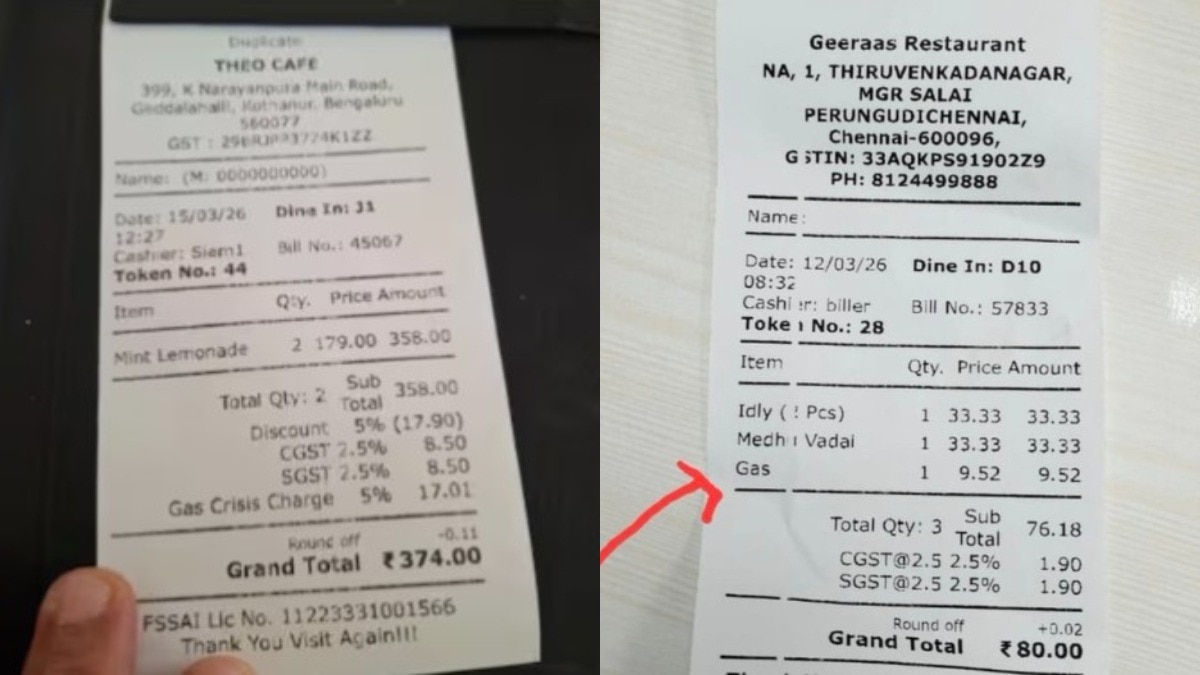कई ऐसे बिलों के स्क्रीनशॉट साझा किए गए जिनमें खाने-पीने की कीमतों के साथ अतिरिक्त गैस चार्ज जोड़ा गया था (Photo:Social media)