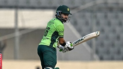 Pakistan's Mohammad Rizwan watches the ball after playing a shot during the second one-day international (ODI) cricket match between Bangladesh and Pakistan (Getty)