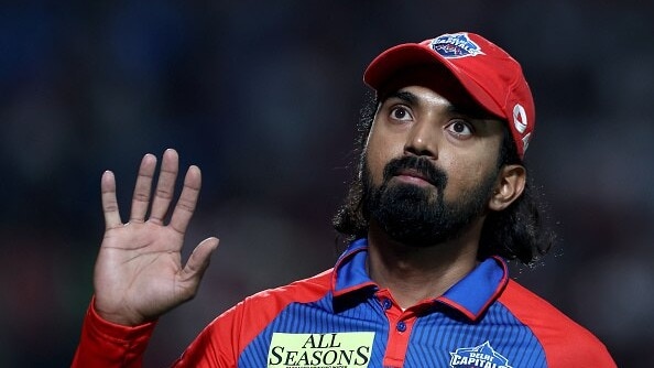  KL Rahul of Delhi Capitals during the 2025 IPL match between Punjab Kings and Delhi Capitals at Himachal Pradesh Cricket Association Stadium on May 08, 2025, in Dharamsala, India.