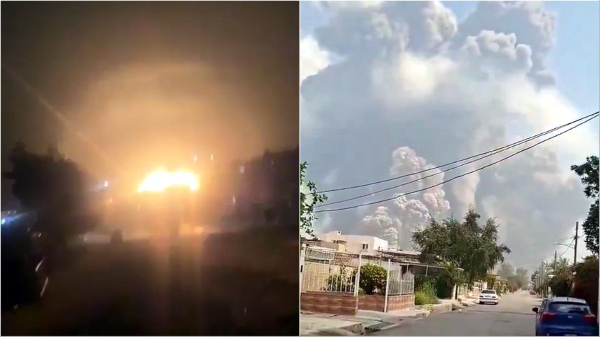 बाएं से- इजरायल के डिमोना में रात में ईरानी मिसाइल गिरी. उधर ईरान डेजफुल में सेना बेस पर फूटता एम्यूनिशन डिपो. (Videograb: X)