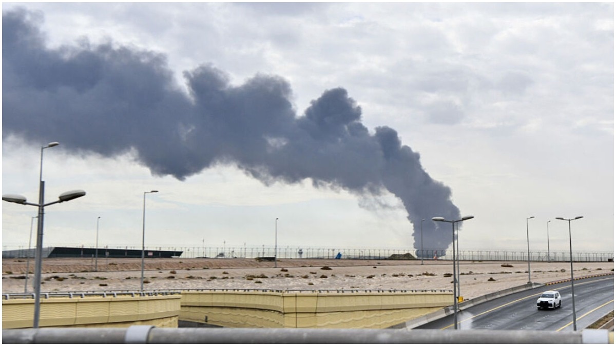 Smoke rises after Iranian UAV carried out an attack on a fuel depot at Kuwait International Airport 