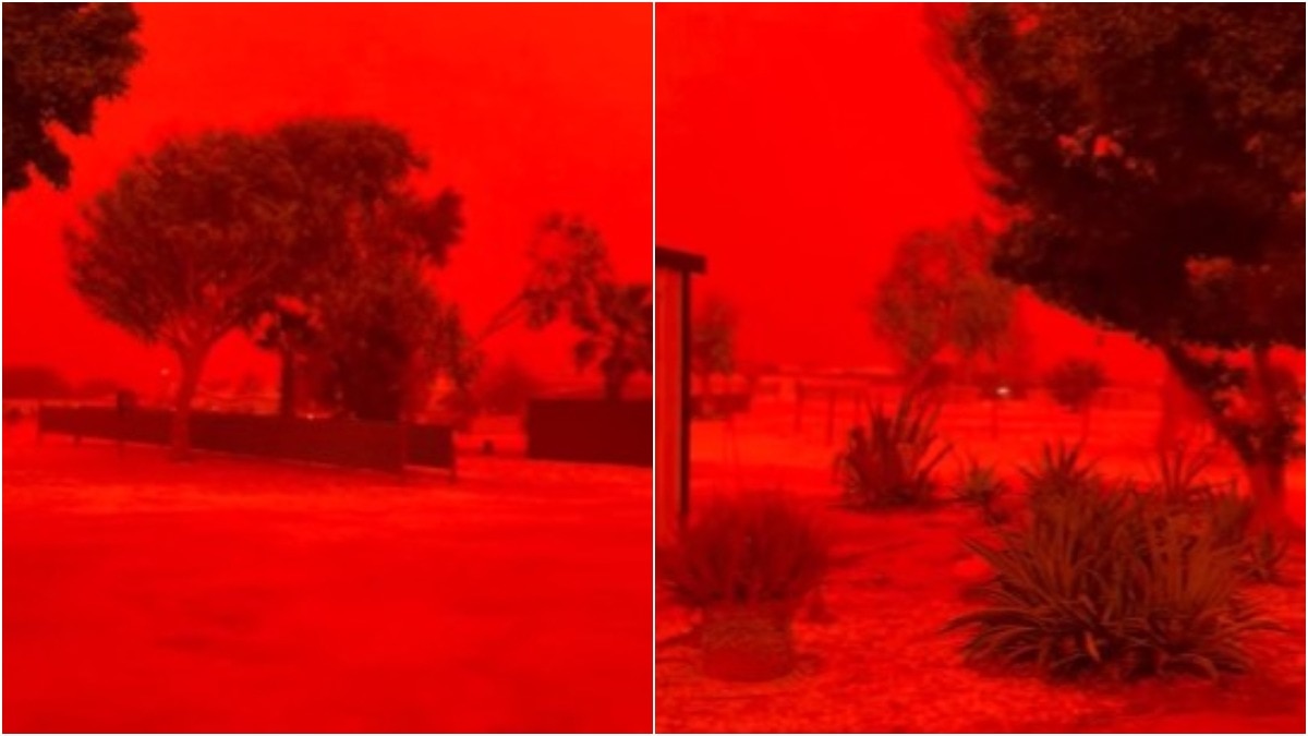 तेज हवाओं ने रेगिस्तानी इलाके की आयरन-रिच लाल मिट्टी को हवा में उड़ा दिया (Photo:X/@MarioNawfal)