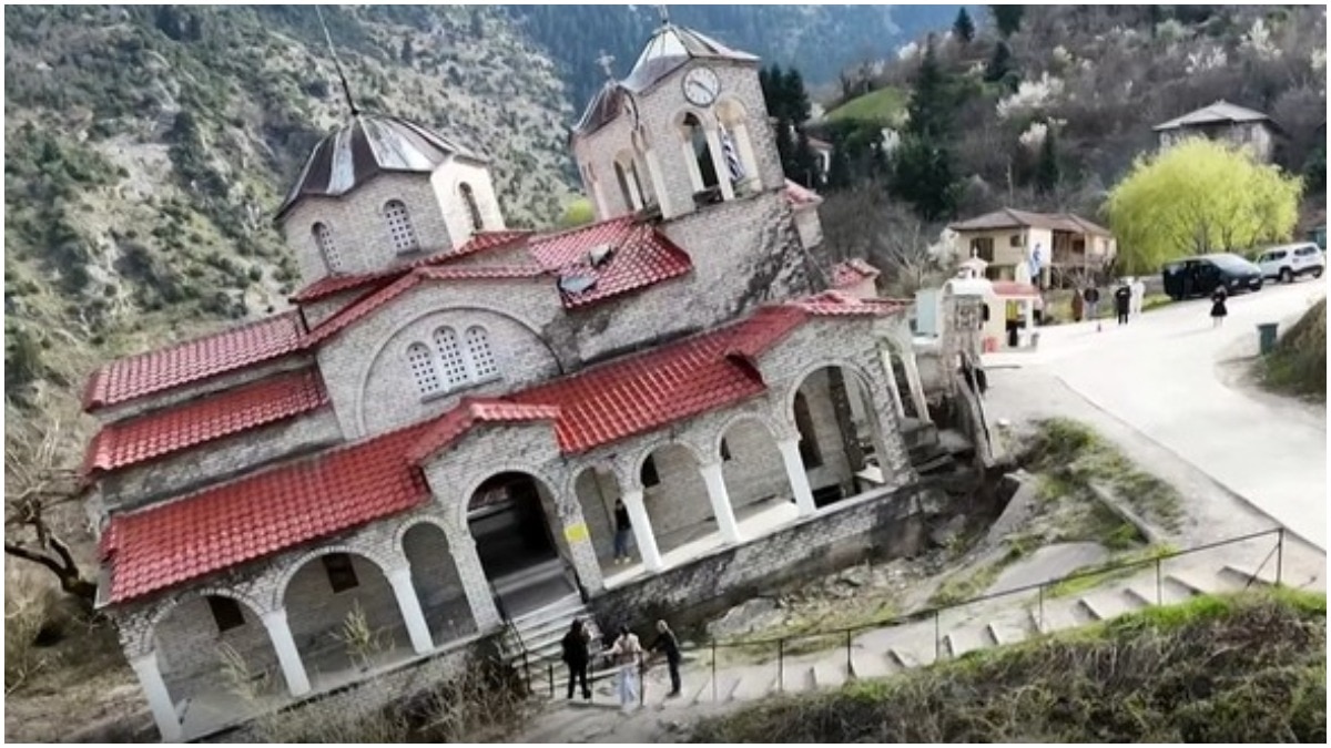 greece tilted church, ropoto village church