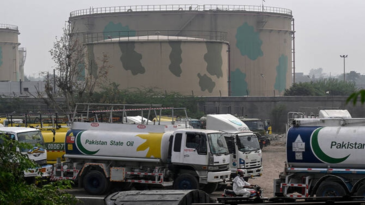 Pakistan State Oil tankers parked outside a fuel storage facility in Sheikhupura, Lahore