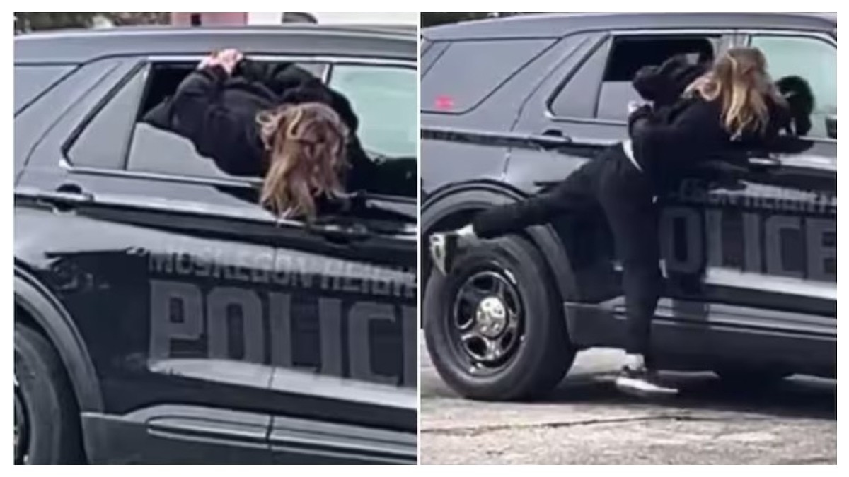 एक महिला हथकड़ी लगे होने के बावजूद पुलिस की गाड़ी से फरार हो गई  (Photos: @CBSNews/X)