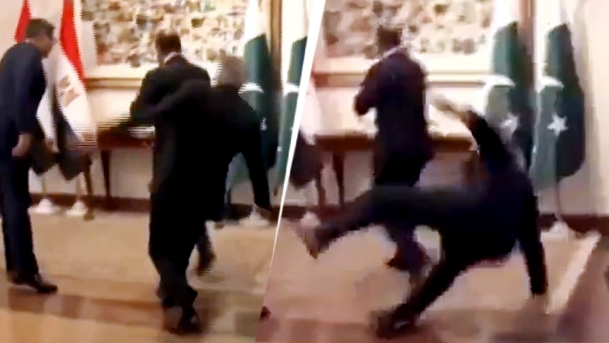 इशाक डार विदेश मंत्रियों का स्वागत करते हुए गिर पड़े थे. (Photo: ITG)