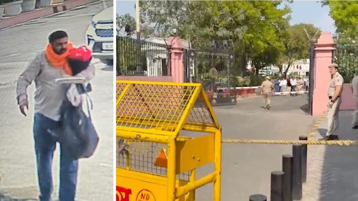 दिल्ली विधानसभा परिसर में बैरिकेड तोड़ने वाले शख्स को पुलिस ने दबोच लिया है (Photo: ITG)