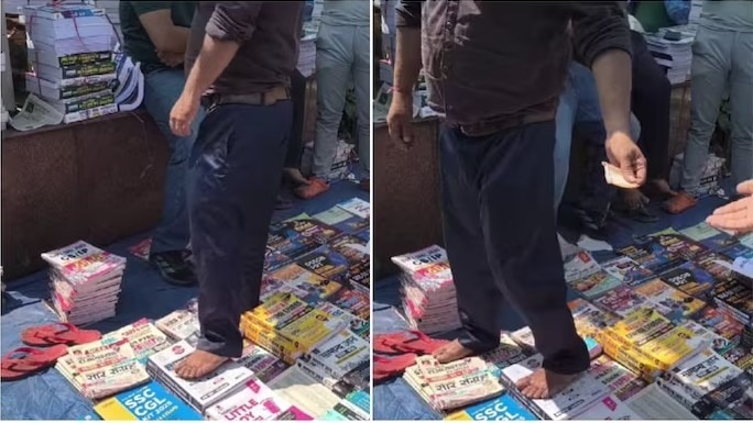 roadside bookseller viral video, woman stops bookseller standing on books