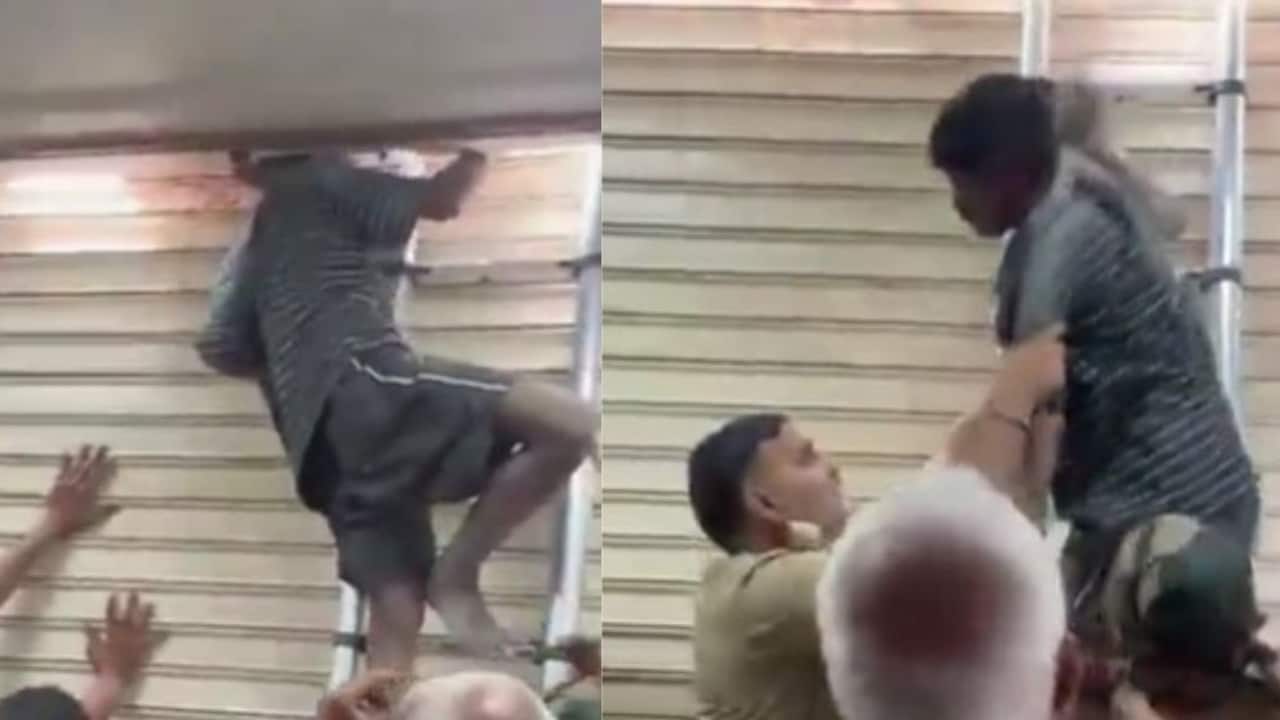शटर में फंसी गर्दन, हवा में लटका चोर, घंटों बाद रेस्क्यू,Video