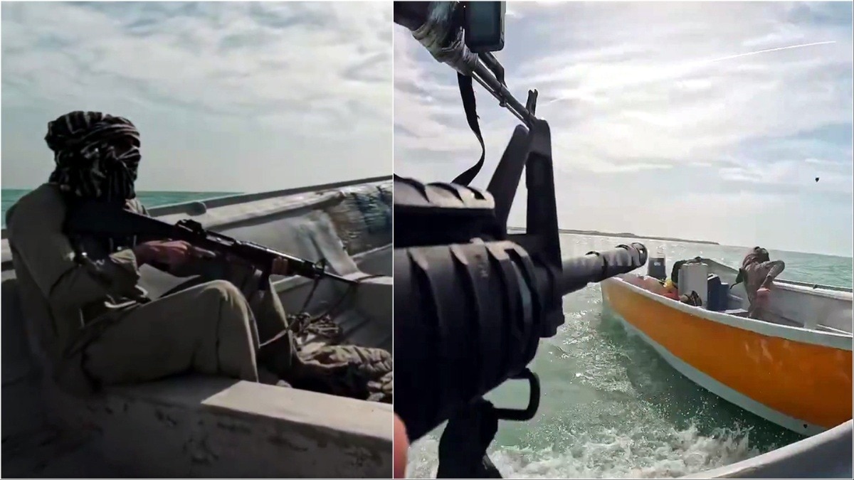 इस तस्वीर में पाकिस्तानी कोस्ट गार्ड का जवान बलूच हमले से बचने के लिए पानी में कूदता दिख रहा है. बलूच विद्रोहियों के पास एके-47 और एम-4 कार्बाइन दिख रही है. (Photo: X/@Dig_raw21)