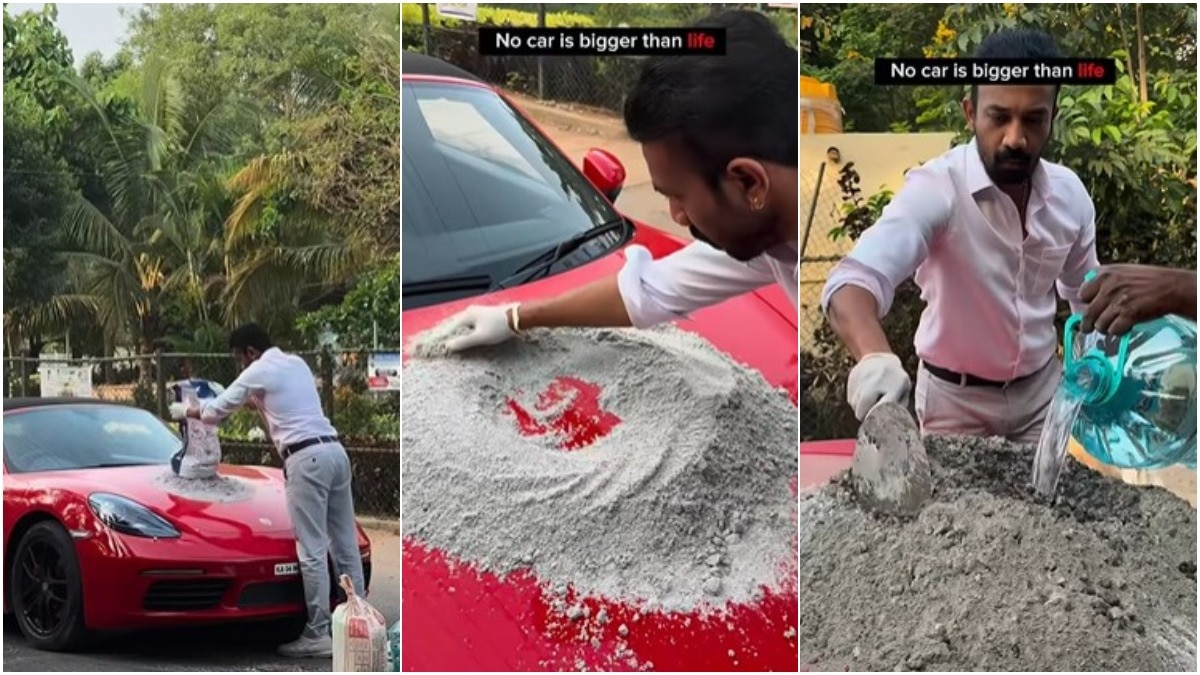 Video: करोड़ों की कार के बोनट पर घोला सीमेंट... फिर भरा सड़क का गड्ढा