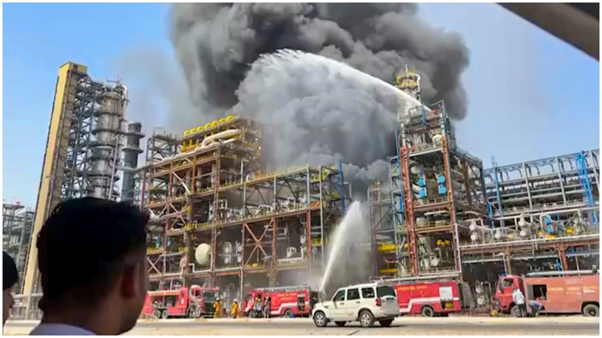 Firefighters douse a blaze after a fire broke out at the HPCL Pachpadra Refinery, in Balotra, Rajasthan, Monday, April 20, 2026