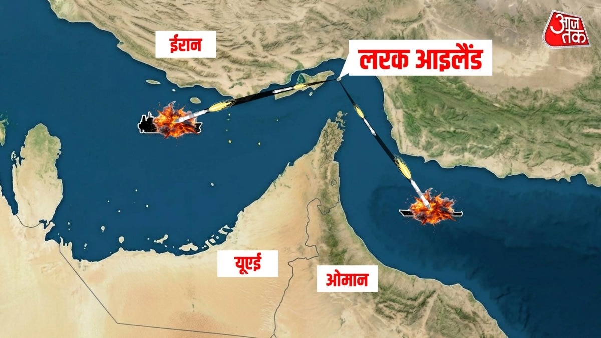 होर्मुज स्ट्रेट के सबसे संकरे इलाके में मौजूद लरक आइलैंड अमेरिका ही नहीं, पूरी दुनिया की तेल सप्लाय के लिए खतरा बन गया है. (फोटो- ITG/AI generated)