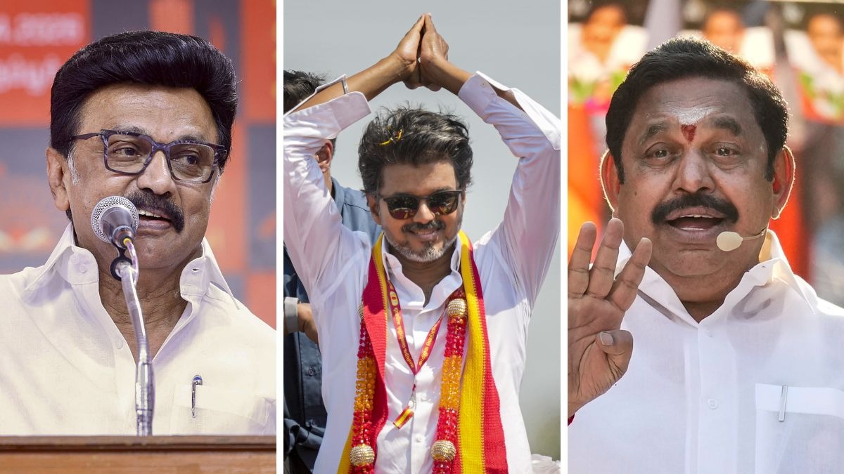 तमिलनाडु के मुख्यमंत्री एमके स्टालिन, टीवीके नेता विजय और AIADMK नेता ई. पलानीस्वामी. (Photo: PTI)