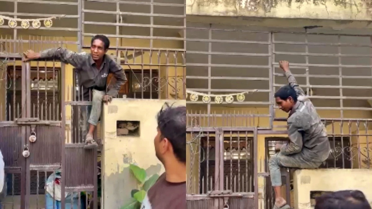 VIDEO: मकान में चोरी करने घुसा, लेकिन लोहे की ग्रिल में फंसकर लटक गया