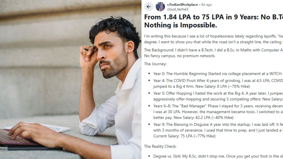 9 साल के करियर में बिना बीटेक डिग्री के हासिल किया 75 लाख का पैकेज.  (Photo:  pexels and reddit)