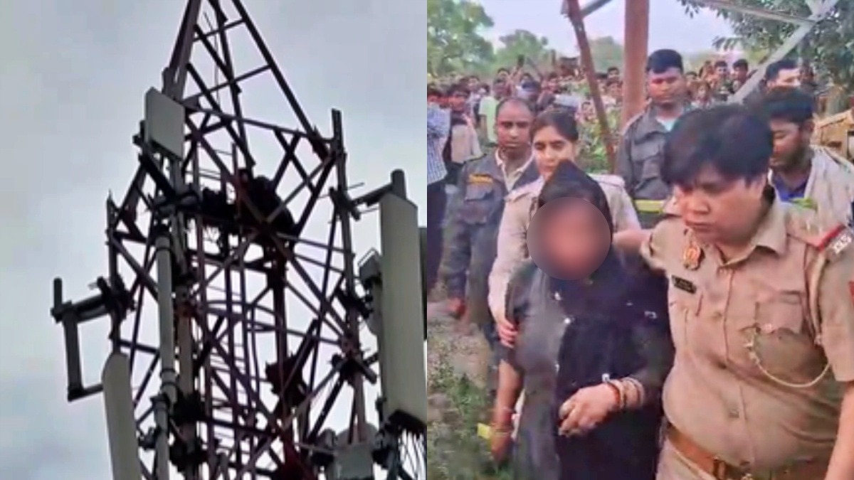 टावर पर चढ़ी महिला को पुलिस प्रशासन ने बड़ी मुश्किल से उतारा (Photo- ITG)