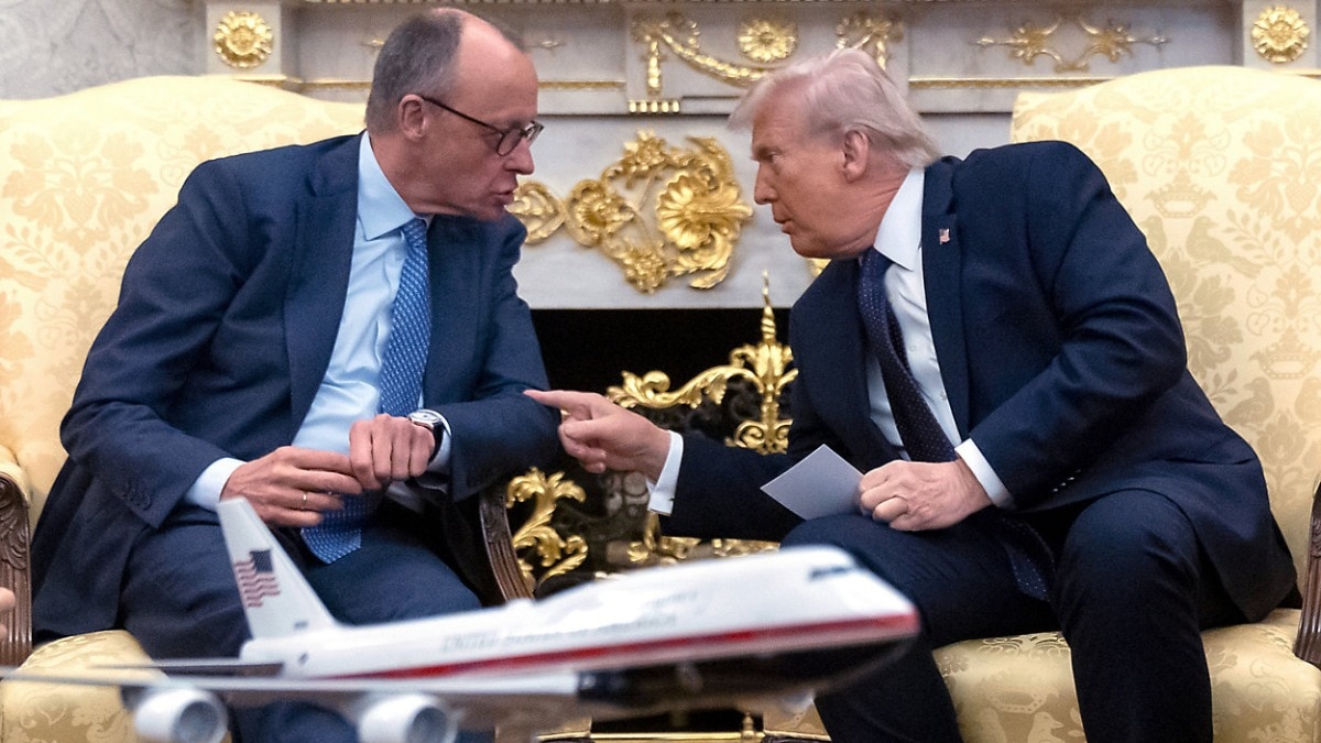 US President Donald Trump (right) during a meeting with German Chancellor Friedrich Merz in the Oval Office of the White House