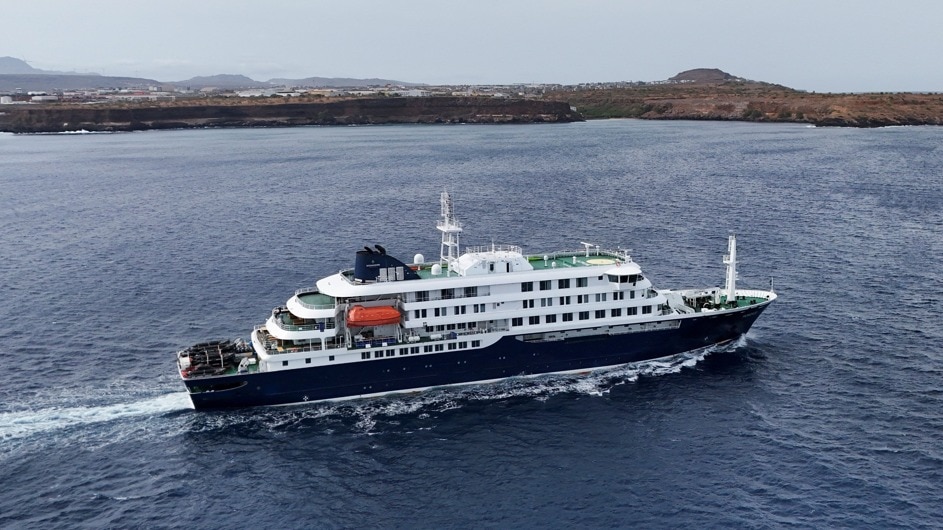 A drone view of the cruise ship MV Hondius, carrying passengers suspected of having cases of hantavirus on board, leaves Praia, Cape Verde, May 6, 2026. REUTERS