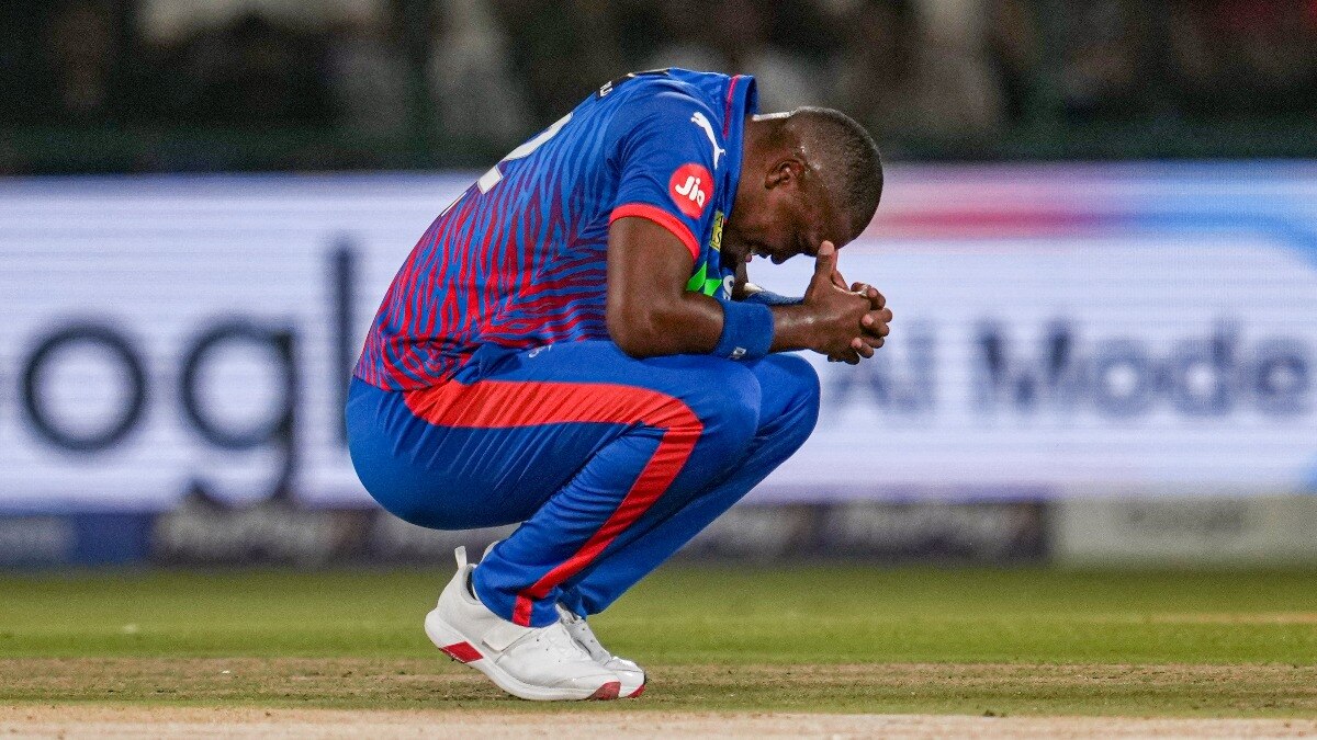 : Delhi Capitals' Lungi Ngidi reacts after a catch drop during an Indian Premier League (IPL)
