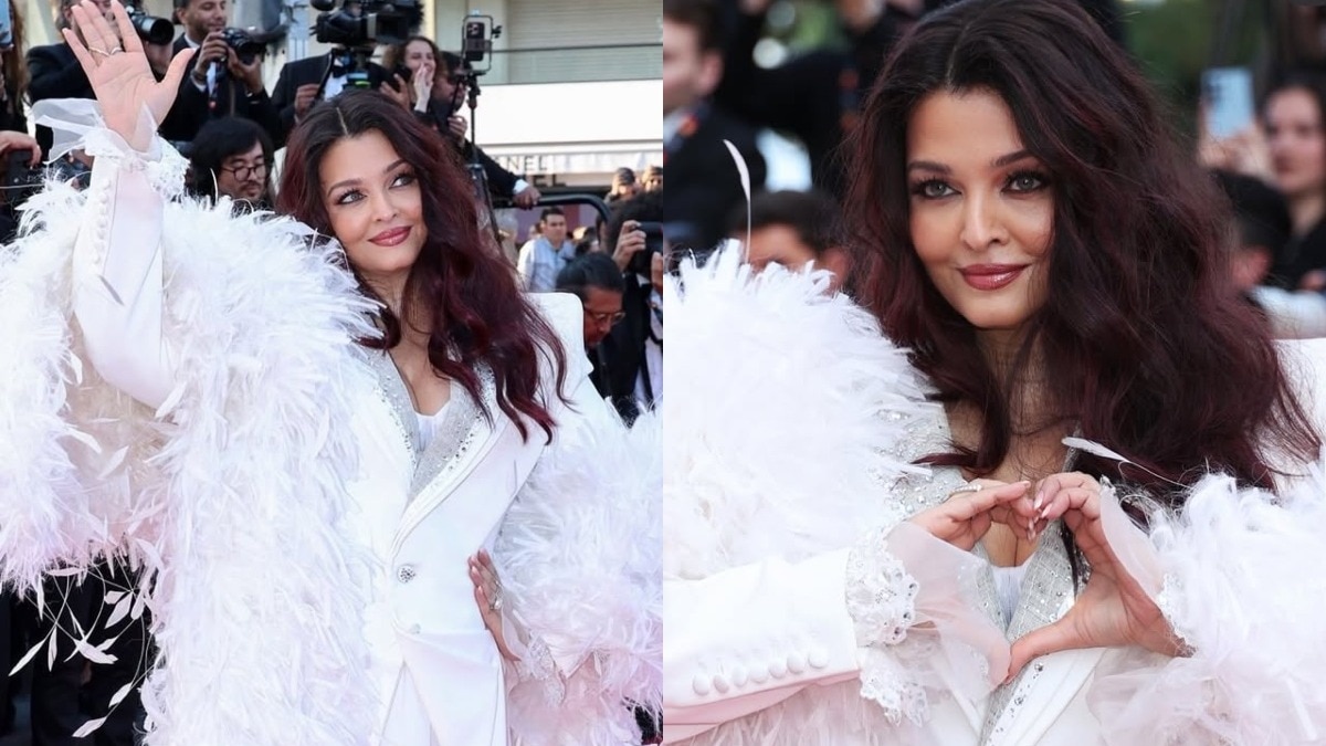 Aishwarya rai cannes 2026 closing look white pant suit with feather pallu
