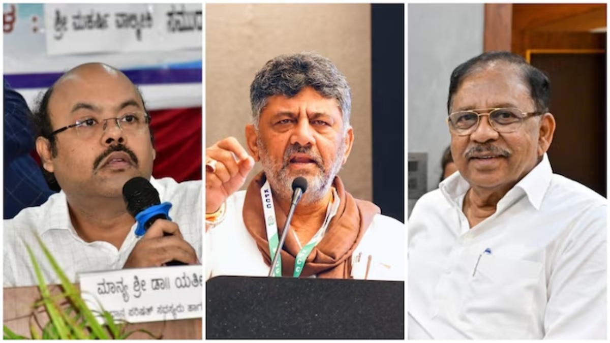 डी.के. शिवकुमार के नेतृत्व वाली नई कर्नाटक कैबिनेट में यतींद्र सिद्धारमैया (बाएं) और जी. परमेश्वर (दाएं) संभावित चेहरों में शामिल हैं (Photo: ITG)