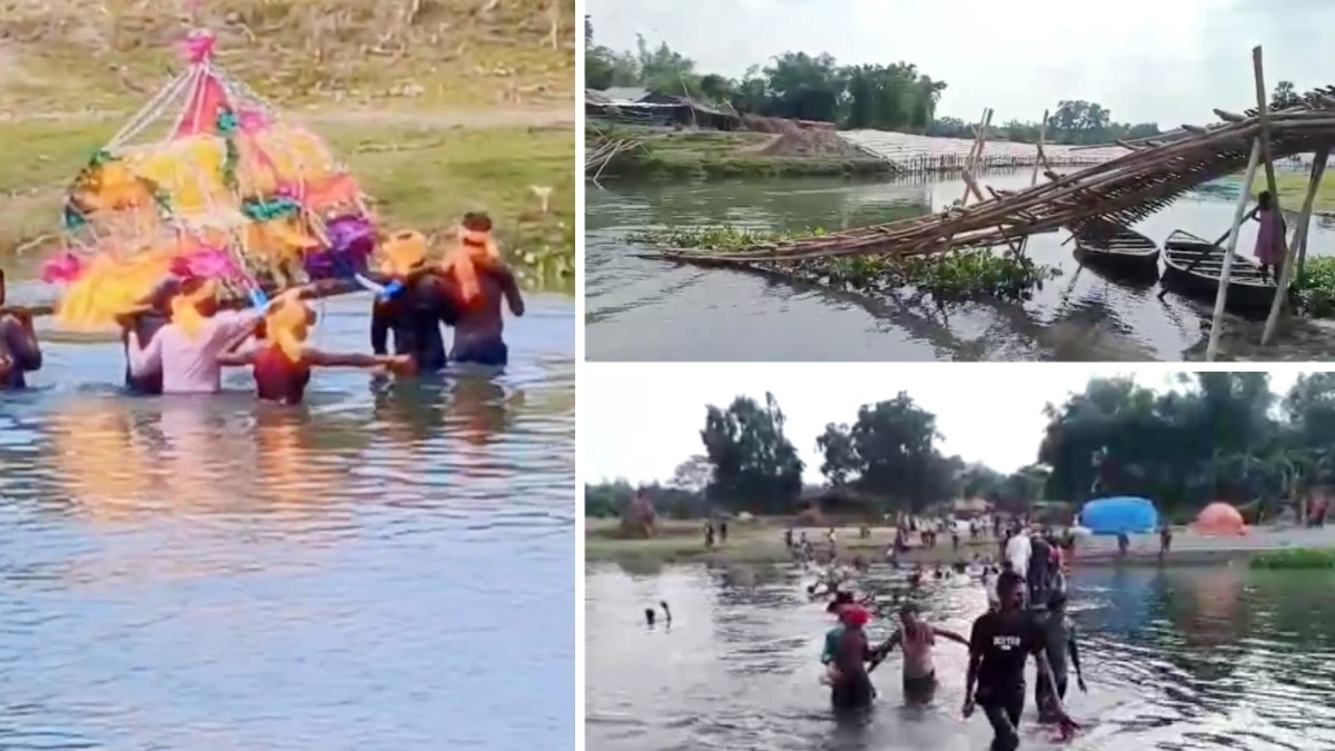 जान हथेली पर रख नदी के पानी से अर्थी ले जाने को मजबूर ग्रामीण.(Photo:ITG)