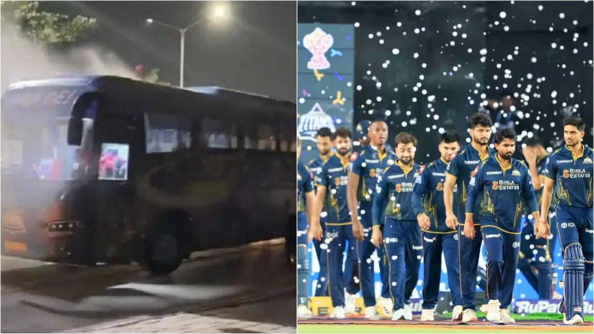 4. GT टीम बस में शॉर्ट सर्किट, खिलाड़ियों और स्टाफ को बीच रास्ते कराया गया सुरक्षित बाहर (Photo: PTI/Screengrab)