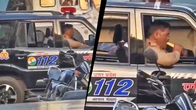 फ्री में आइसक्रीम खाते कैमरे में कैद सिपाही (Photo- Screengrab