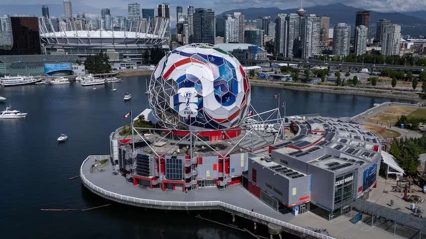 Science World in Vancouver is wrapped as a soccer ball
