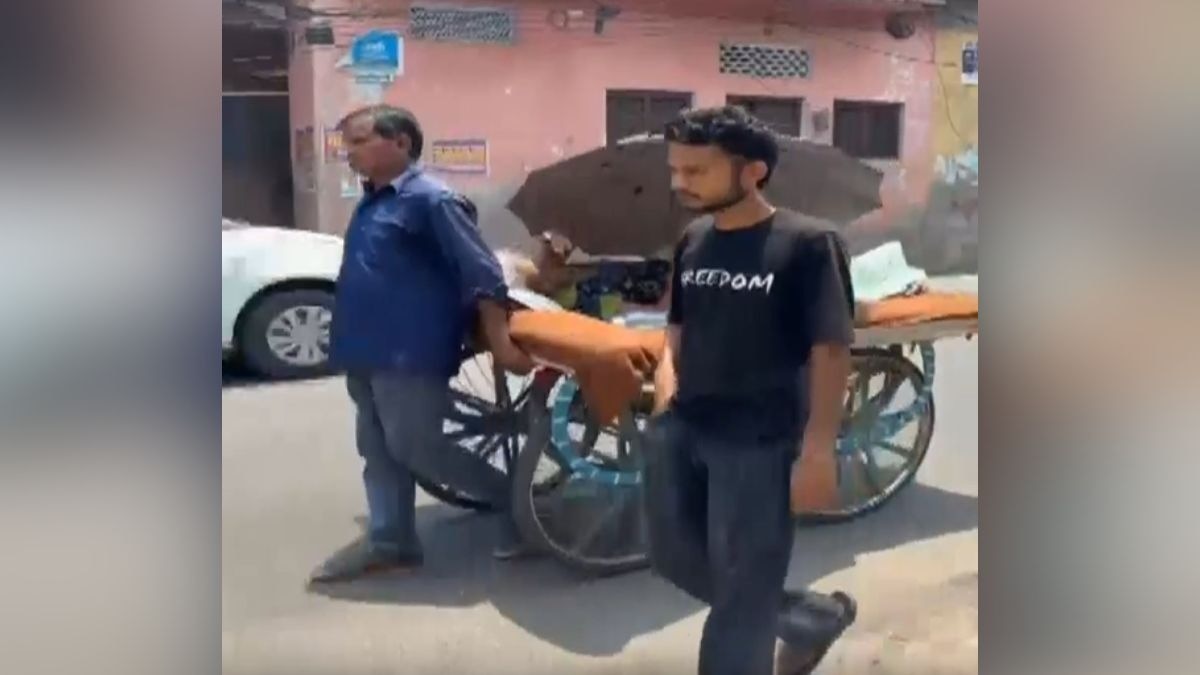 दादी को ठेले पर लिटाकर बैंक पहुंचा पोता, चलने में असमर्थ थीं