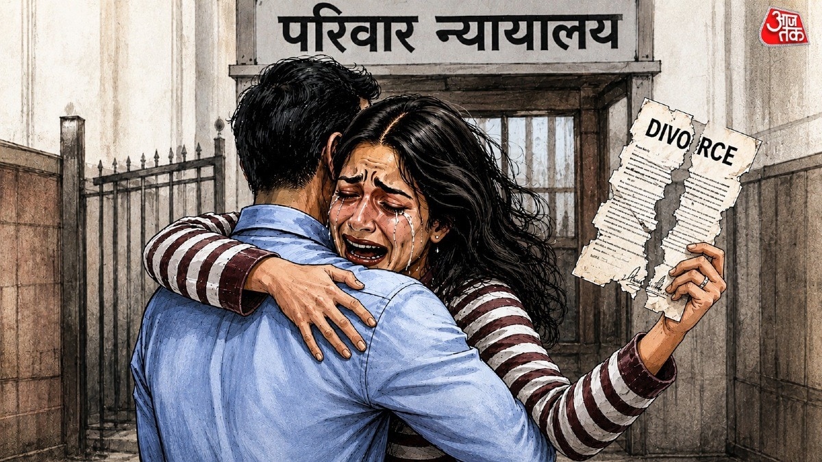 दिल्ली के तीस हजारी कोर्ट के बाहर पति-पत्नी का पुनर्मिलन. (Photo: AI-generated)