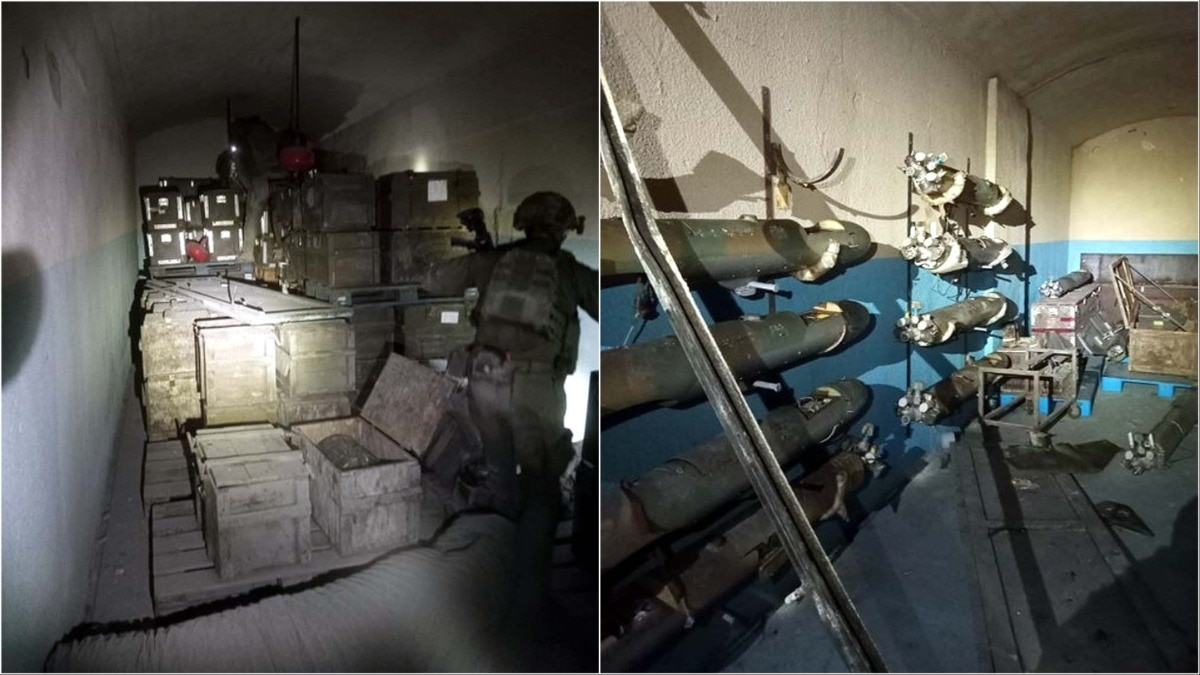इस कॉम्बो तस्वीर में आप देख सकते हैं कि सुरंग में किस तरह से हथियार रखे गए हैं. (Photo: @IsraelinUSA)