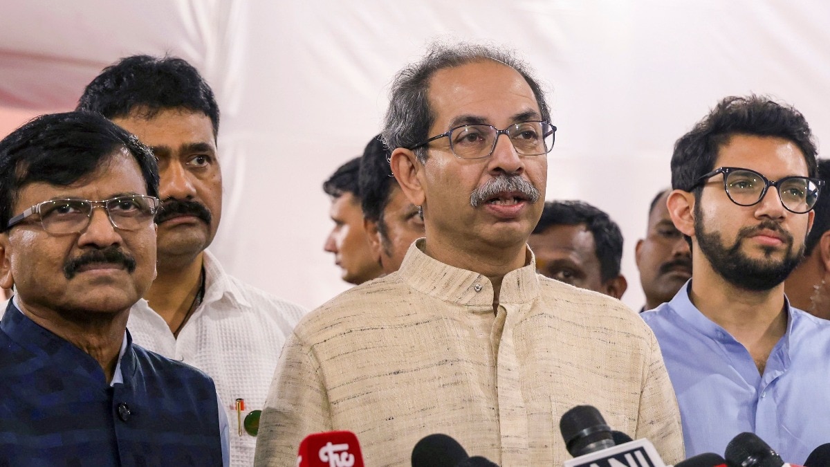 Shiv Sena UBT leaders Sanjay Raut, Uddhav Thackeray and Aaditya Thackeray. 
